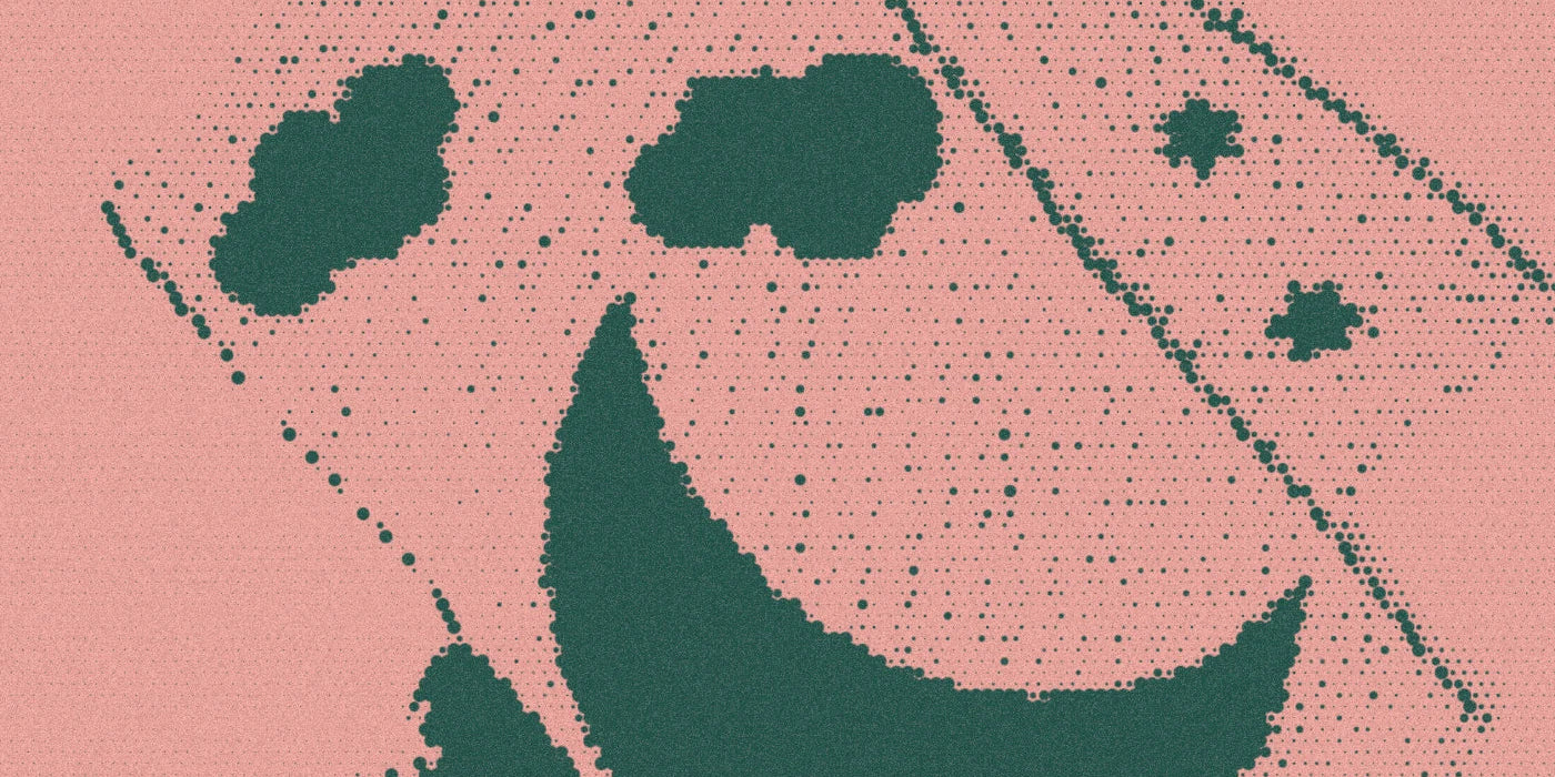 The Night Sky scarf folded flat to show its graphic knitted pattern, in a dramatic forest-and-peach Paper halftone treatment.