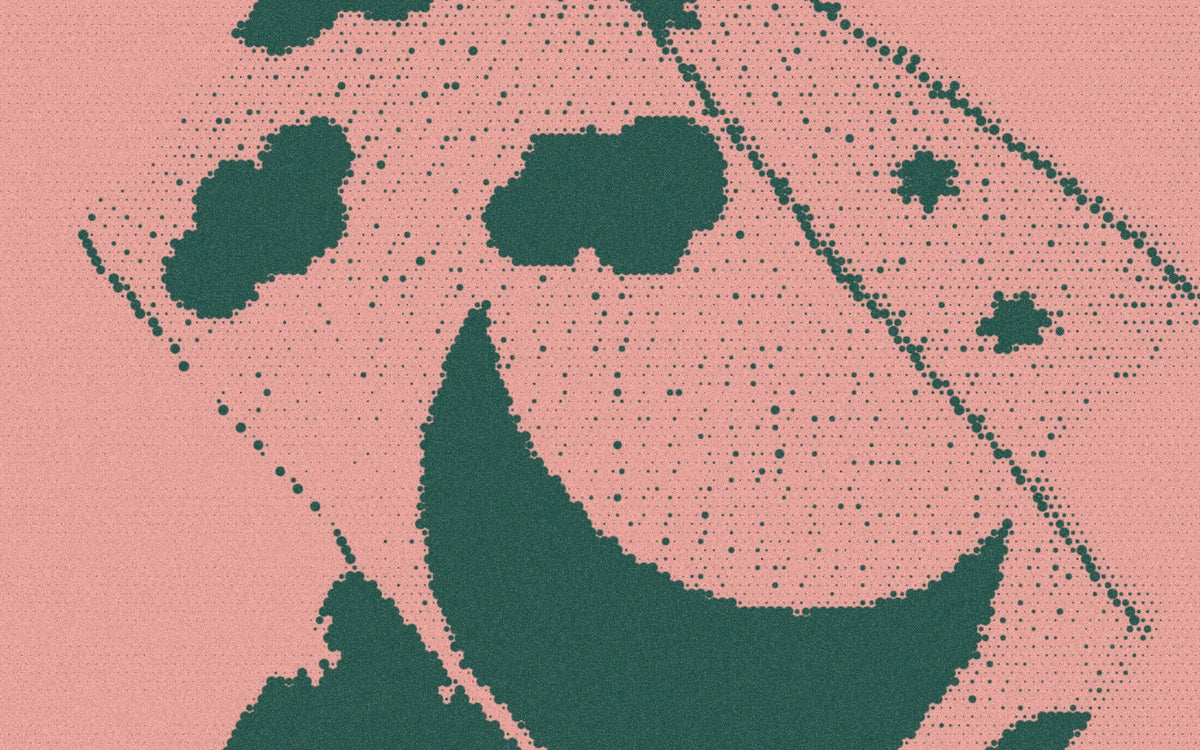The Night Sky scarf folded flat to show its graphic knitted pattern, in a dramatic forest-and-peach Paper halftone treatment.