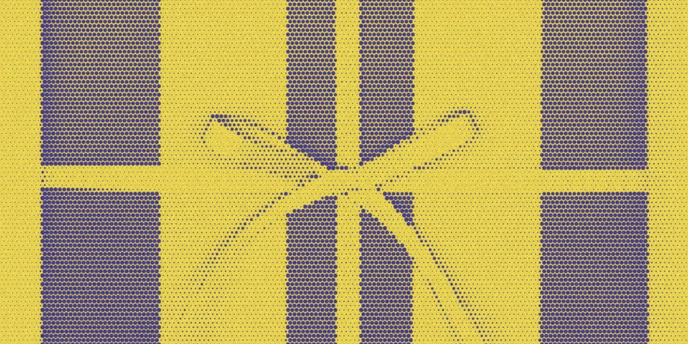 Striped gift wrap tied with a ribbon, with a bold halftone treatment