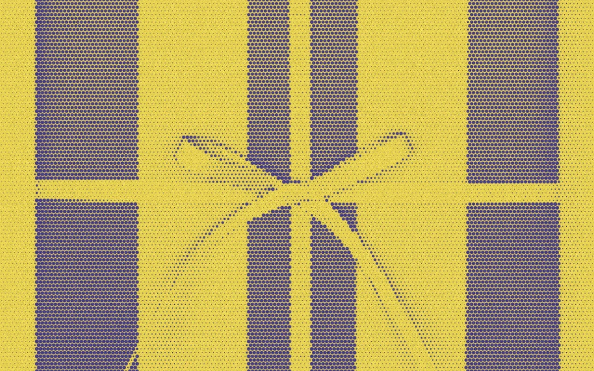 Striped gift wrap tied with a ribbon, with a bold halftone treatment