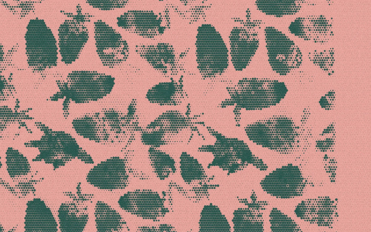 Strawberry print and folds on a cotton-linen tea towel, with a bold halftone treatment