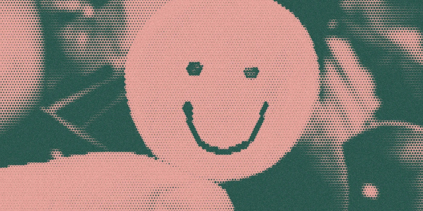 Smiley ceramic magnet held in front of leaves, with a bold halftone treatment