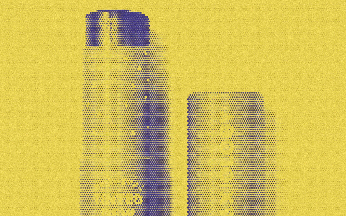 Axiology Tinted Dew packaging and an open color stick, with a bold halftone treatment