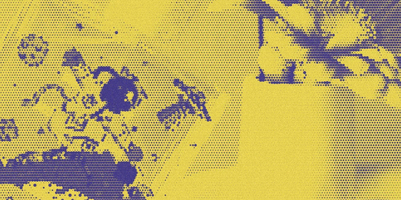 Maison Matine perfume bottle beside flowers, with a bold halftone treatment