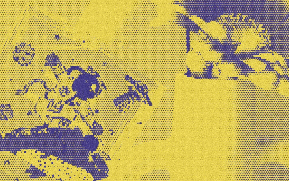 Maison Matine perfume bottle beside flowers, with a bold halftone treatment
