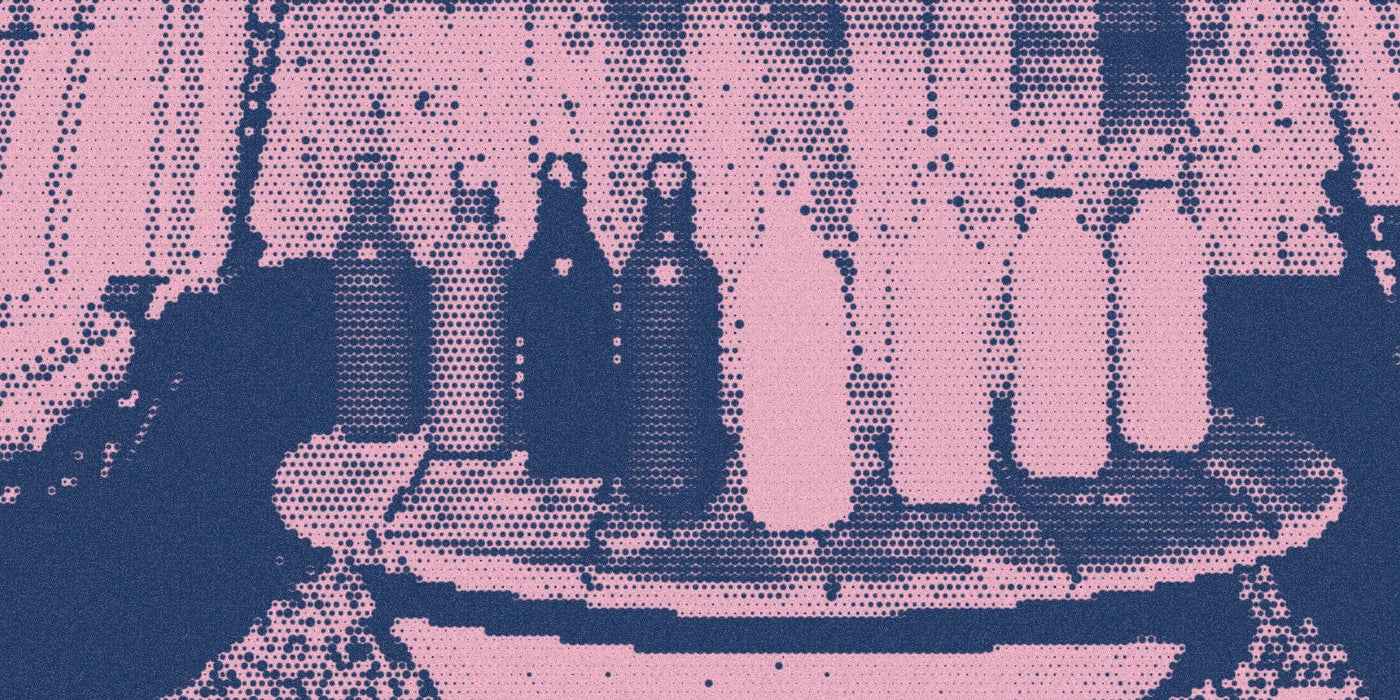 Buoy bottles arranged on an outdoor wooden table, with a bold halftone treatment