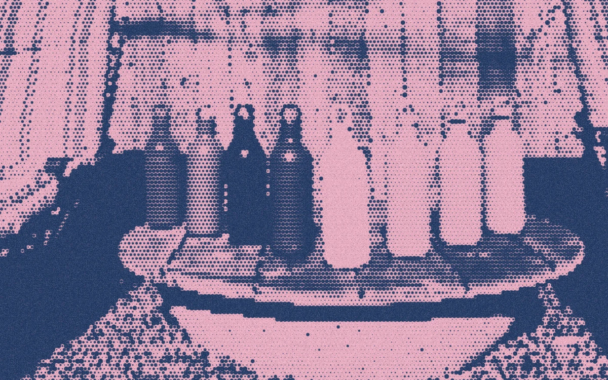 Buoy bottles arranged on an outdoor wooden table, with a bold halftone treatment