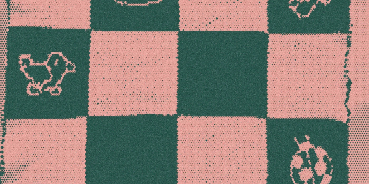 Checks and small motifs on a merino blanket, with a bold halftone treatment