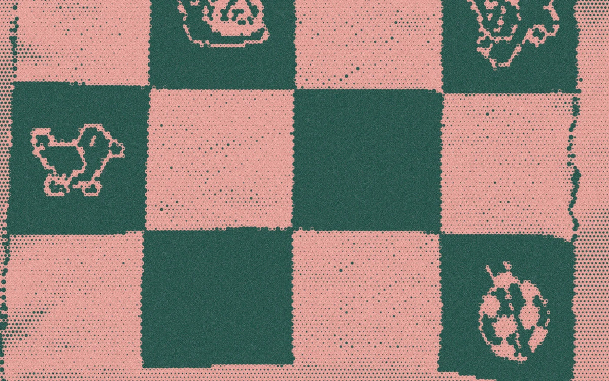 Checks and small motifs on a merino blanket, with a bold halftone treatment