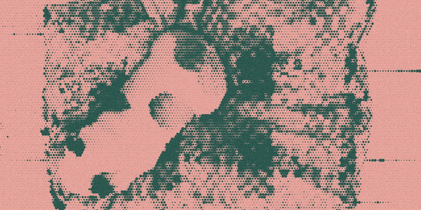 Checkerland bed viewed from above, with a bold halftone treatment