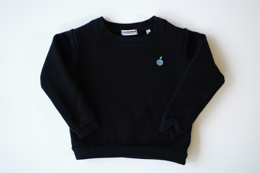Softly garment-dyed black organic cotton children's sweatshirt with a subtle blueberry embroidery, offering a cozy vintage feel, sustainably made in the USA, from Colorful Bunch's conscious fashion collection for kids.