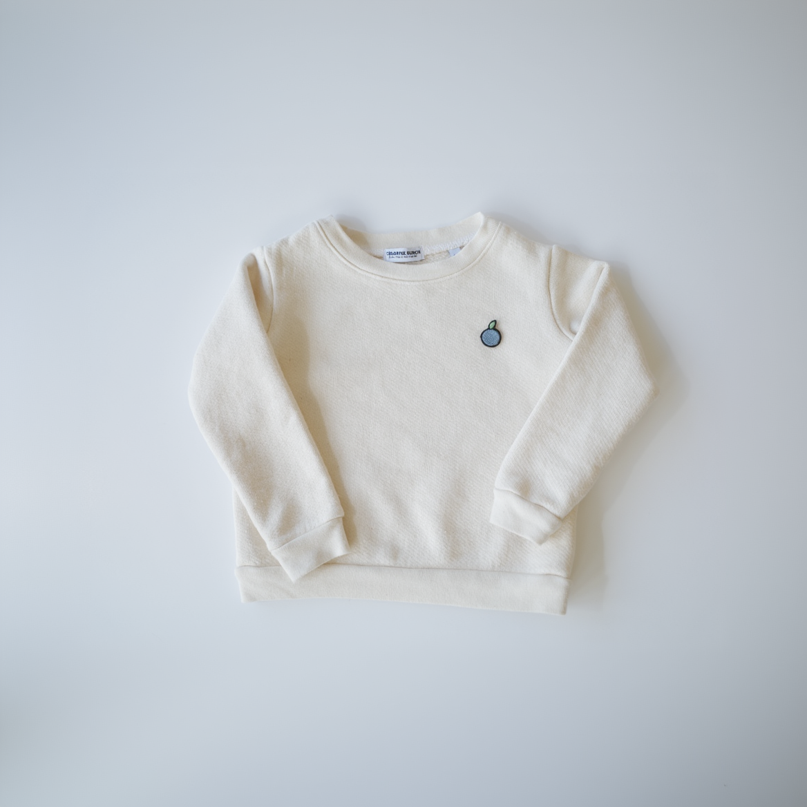 Undyed, organic cotton children's crewneck sweatshirt with an embroidered blueberry design, grown and milled in the USA and crafted by Colorful Bunch with local manufacturing.