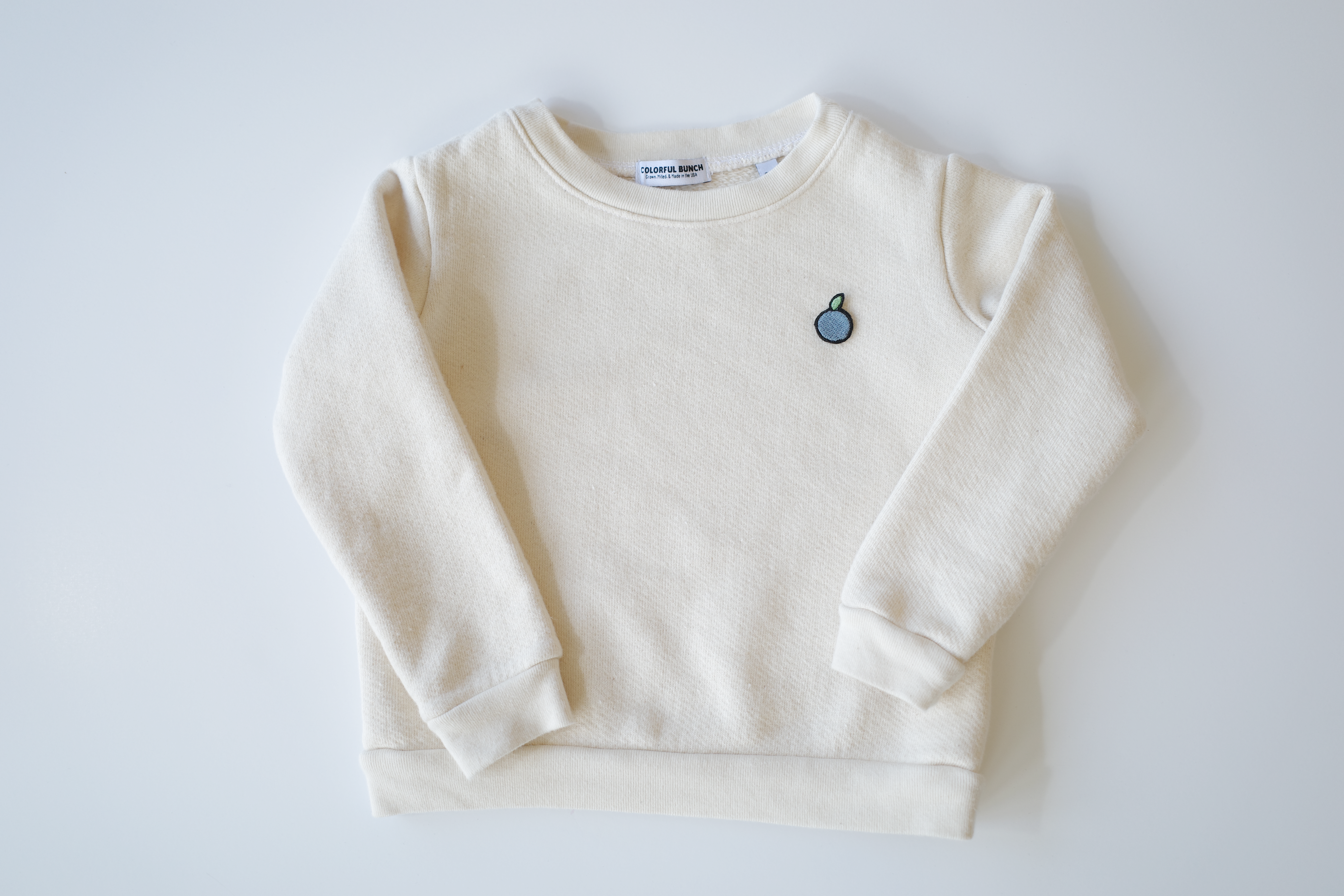 Undyed, organic cotton children's crewneck sweatshirt with an embroidered blueberry design, grown and milled in the USA and crafted by Colorful Bunch with local manufacturing.