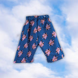 Sample blue children’s pull-on pants with a pink elephant print on a blue sky background