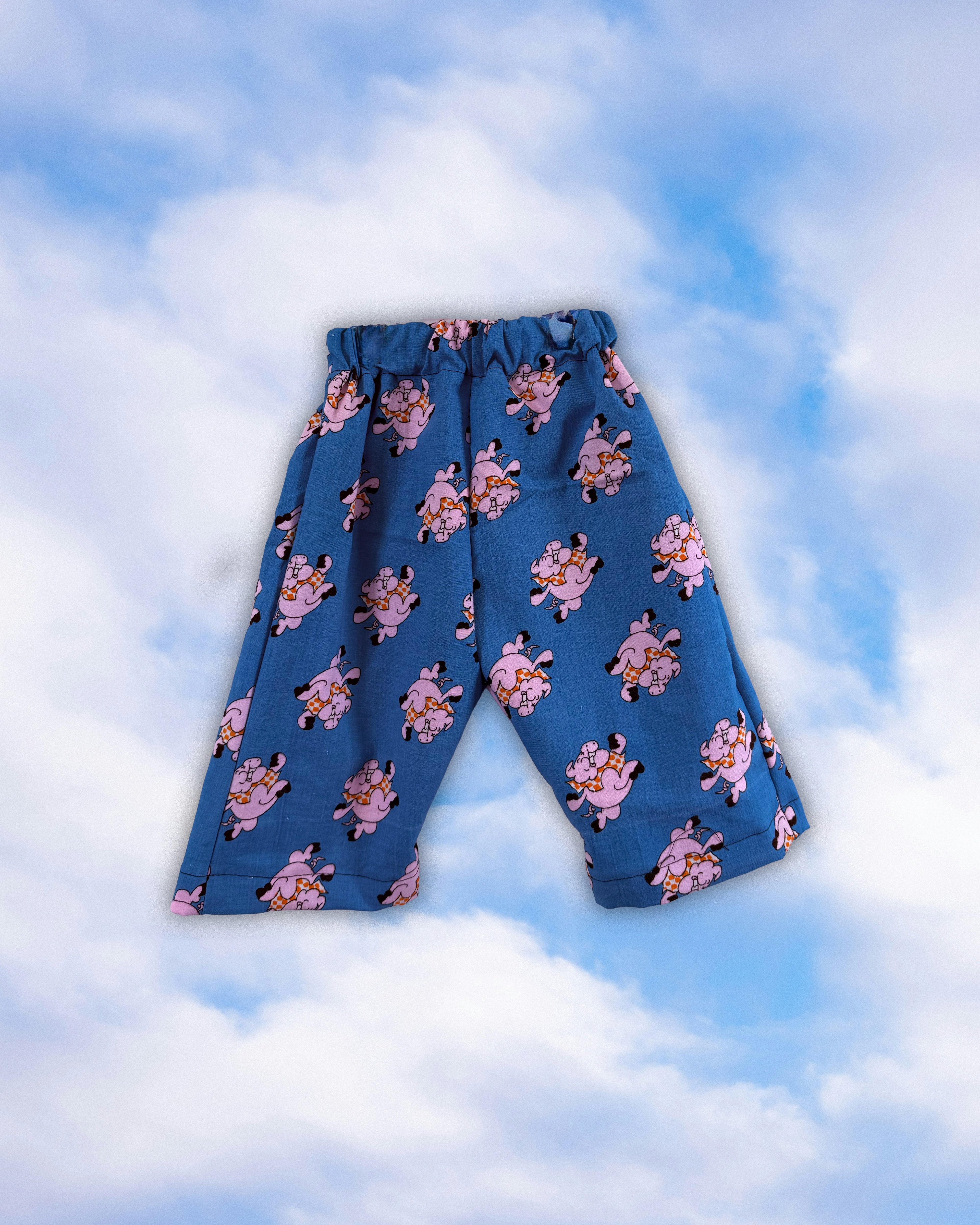 Sample blue children’s pull-on pants with a pink elephant print on a blue sky background