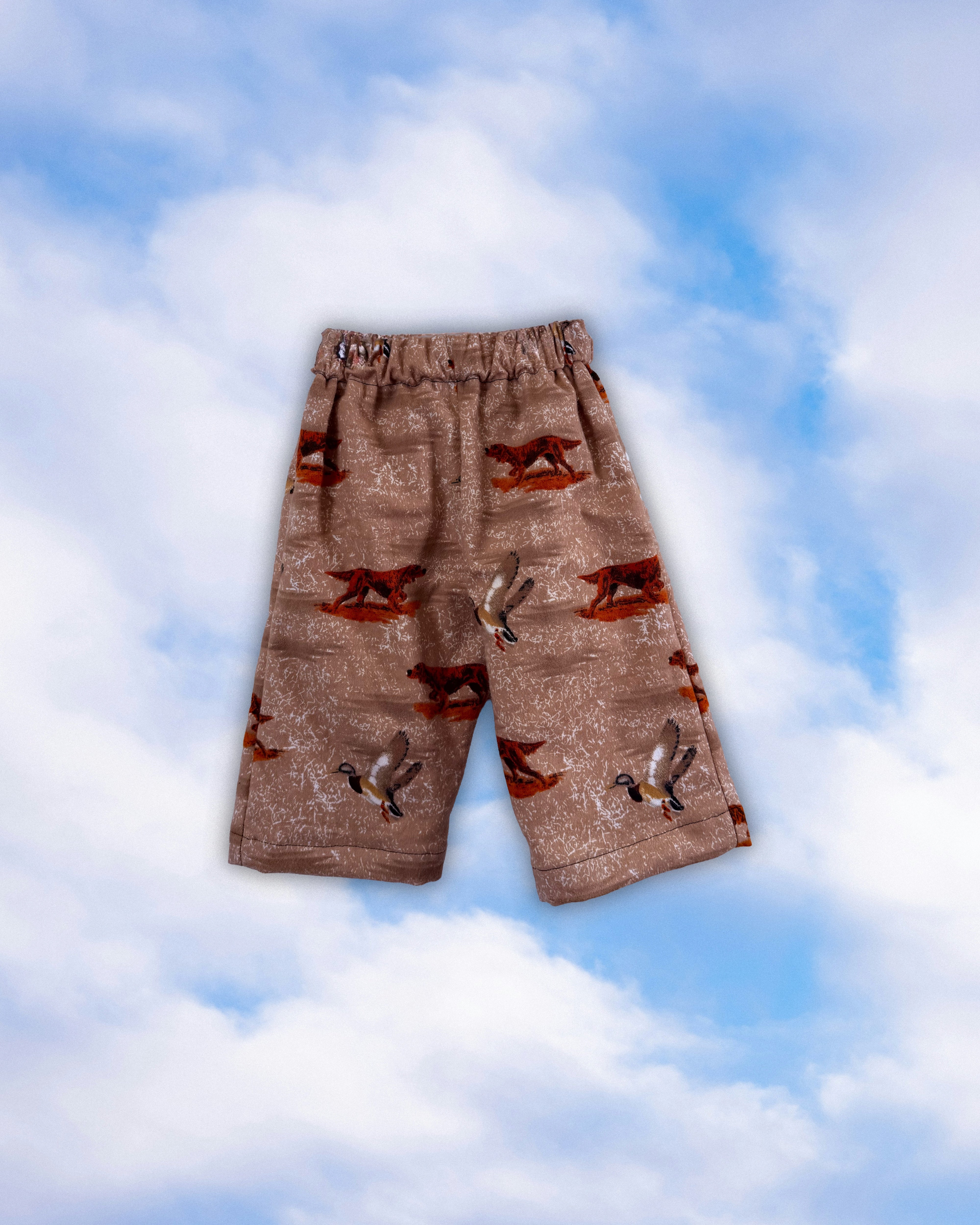 Sample tan children’s pull-on pants with a duck and hunting dog print on a blue sky background